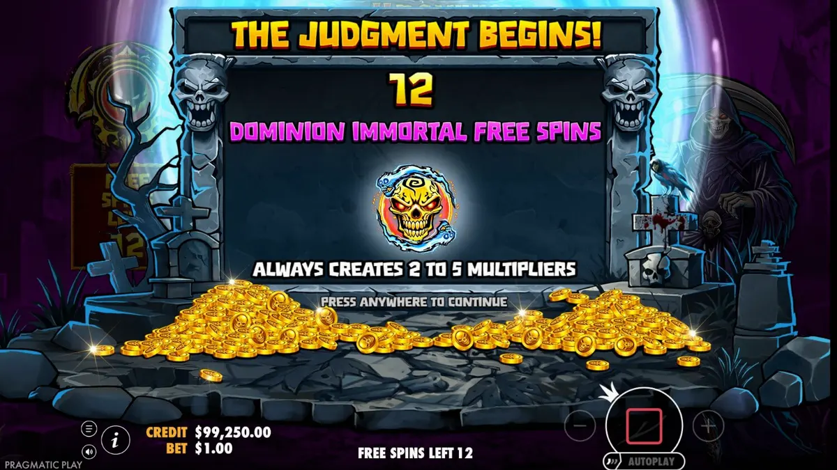 Ang Grim Reaper na nakatayo sa isang madilim na sementeryo sa Death Dominion slot.